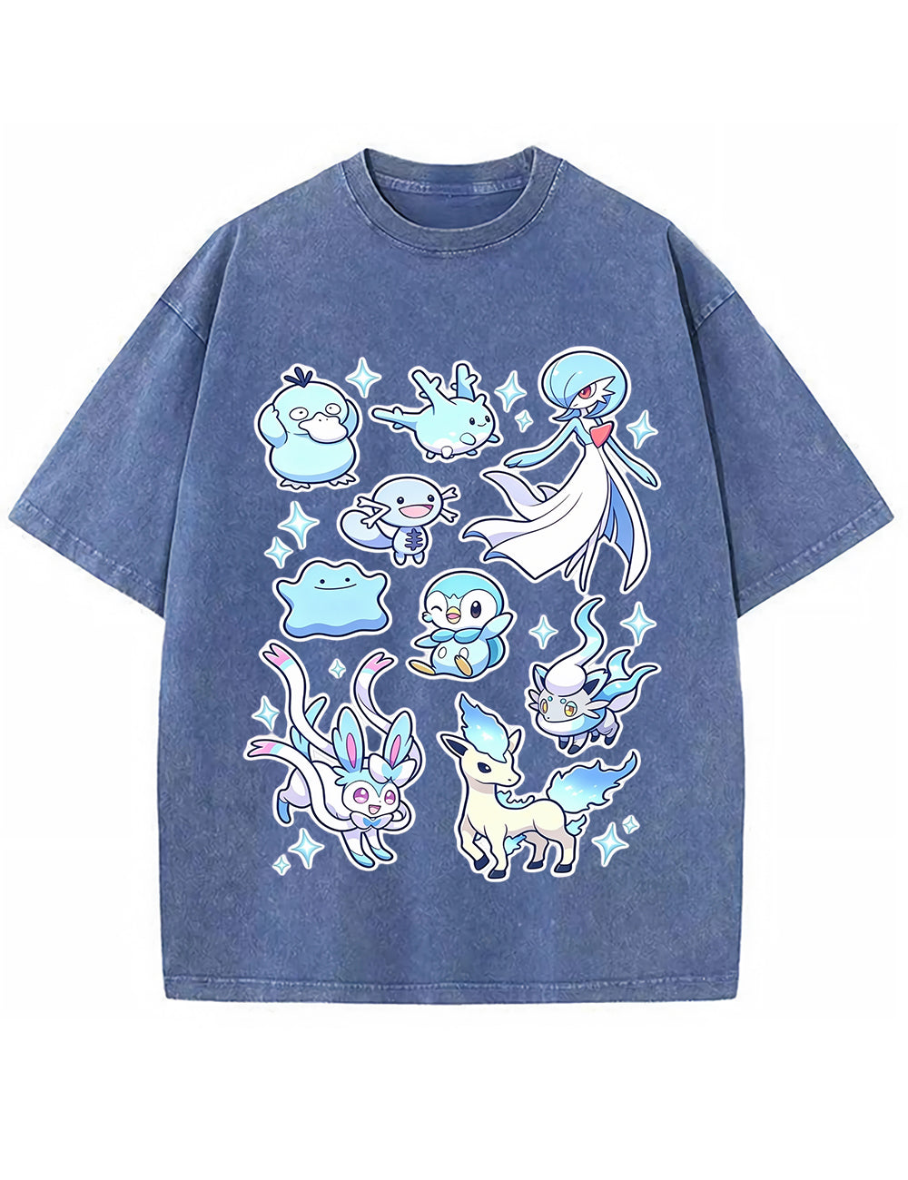 Vintage Washed Cute Blue Tone PKM Graphic T Shirt