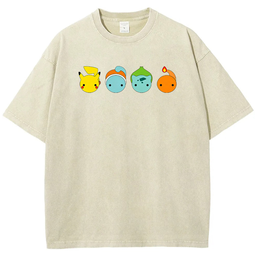 Minimal Four Starter Heads Cartoon Tee | Pokemon Anime