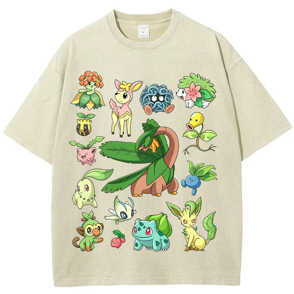 Woodland Grass Type Pokemon Collage Vintage Washed T-Shirt | Pokemon Anime