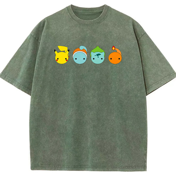 Minimal Four Starter Heads Cartoon Tee | Pokemon Anime