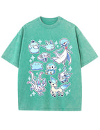 Vintage Washed Cute Blue Tone PKM Graphic T-Shirt