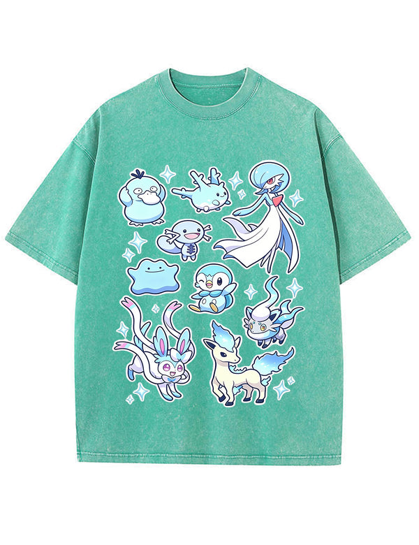 Vintage Washed Cute Blue Tone PKM Graphic T Shirt