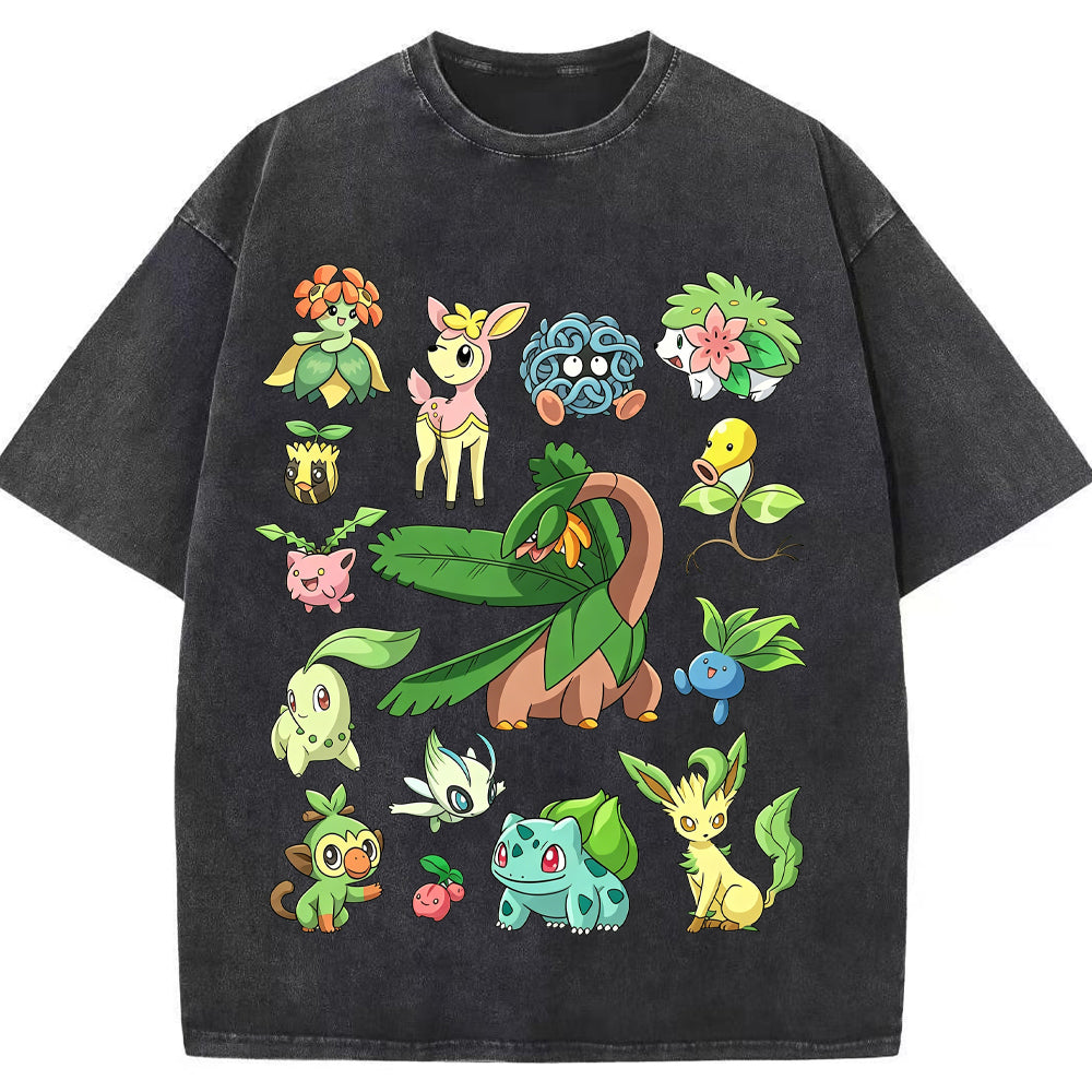 Woodland Grass Type Pokemon Collage Vintage Washed T-Shirt | Pokemon Anime