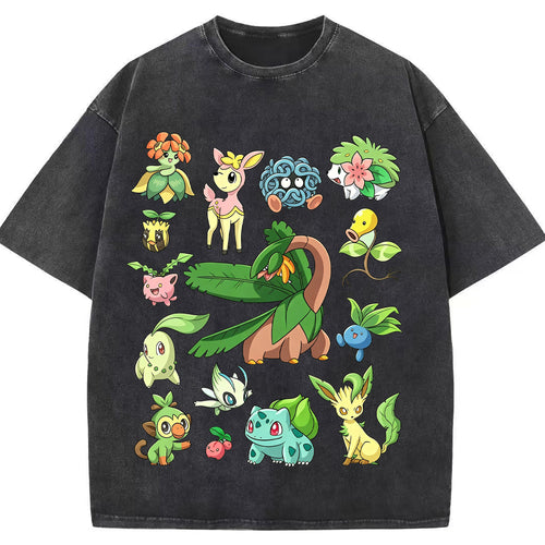 Woodland Grass Type Pokemon Collage Vintage Washed T-Shirt | Pokemon Anime