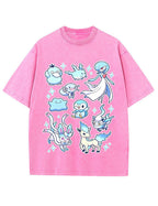 Vintage Washed Cute Blue Tone PKM Graphic T-Shirt