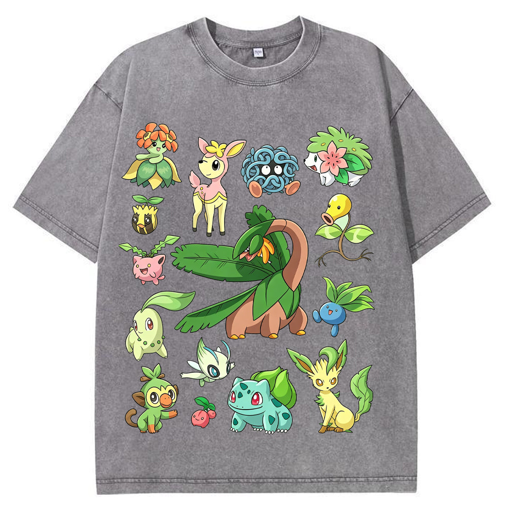Woodland Grass Type Pokemon Collage Vintage Washed T-Shirt | Pokemon Anime