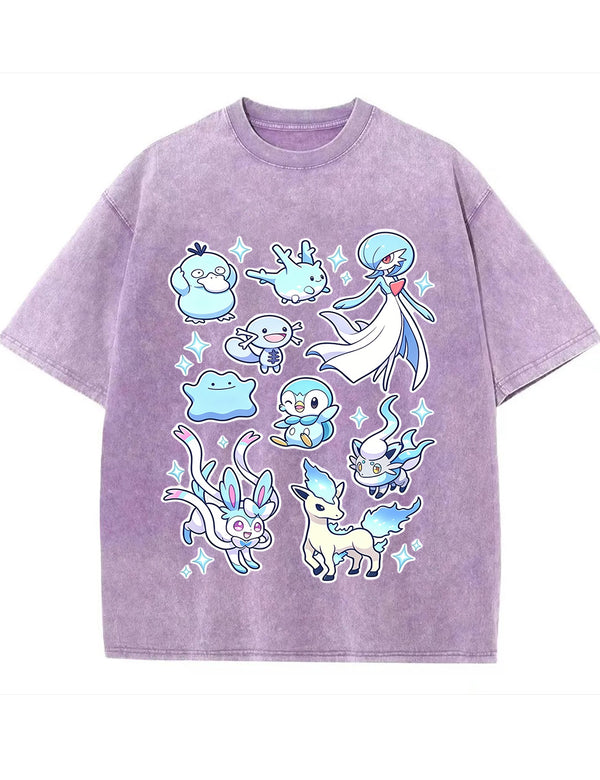 Vintage Washed Cute Blue Tone PKM Graphic T Shirt