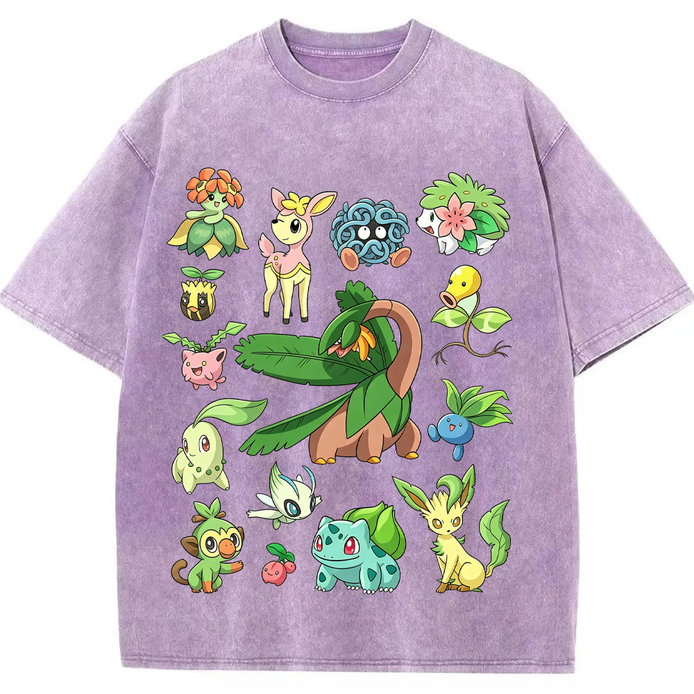 Woodland Grass Type Pokemon Collage Vintage Washed T-Shirt | Pokemon Anime