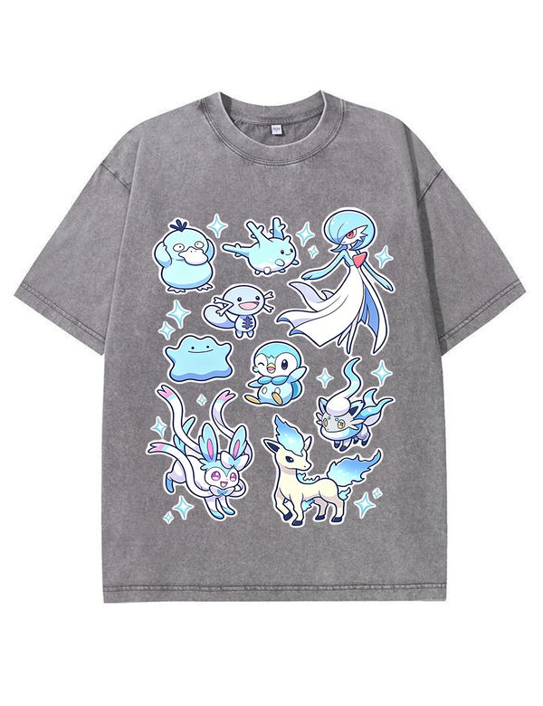 Vintage Washed Cute Blue Tone PKM Graphic T Shirt