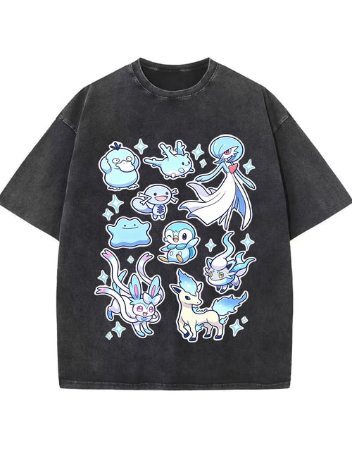 Vintage Washed Cute Blue Tone PKM Graphic T-Shirt