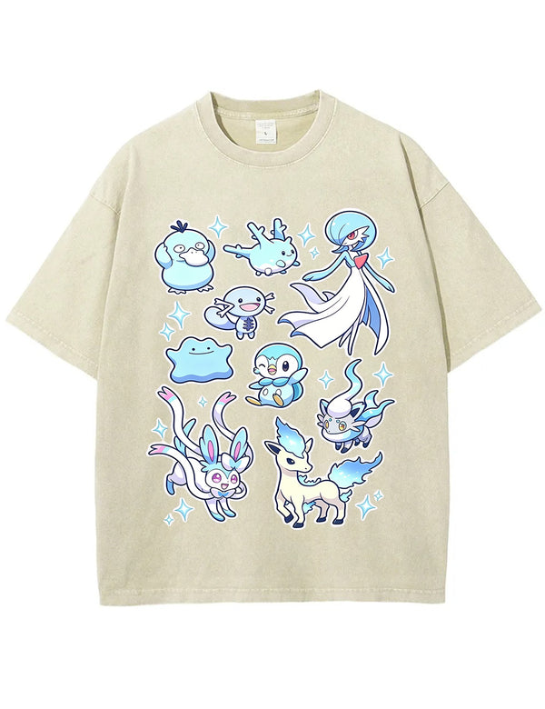 Vintage Washed Cute Blue Tone PKM Graphic T Shirt