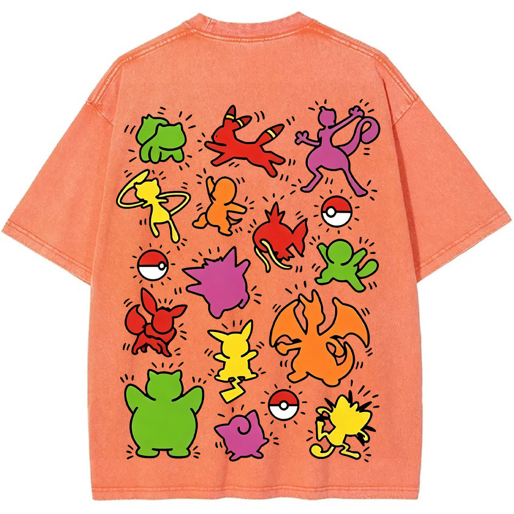 Multi Pokemon Silhouette Vintage Washed Back Print Tee | Pokemon Anime Main image