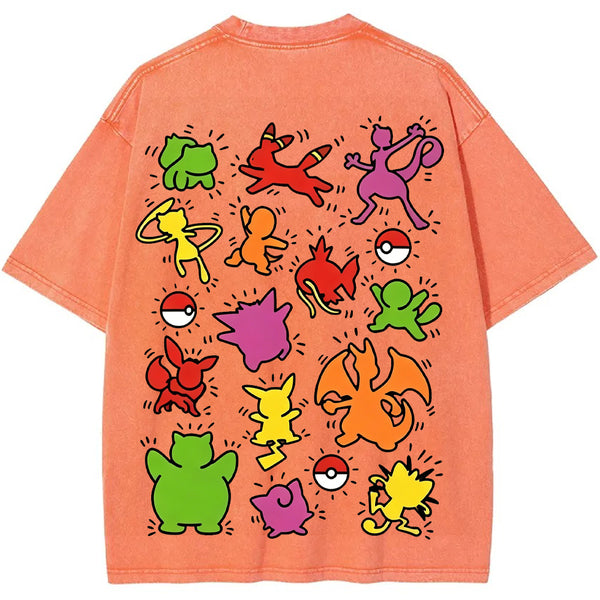 Multi Pokemon Silhouette Vintage Washed Back Print Tee | Pokemon Anime