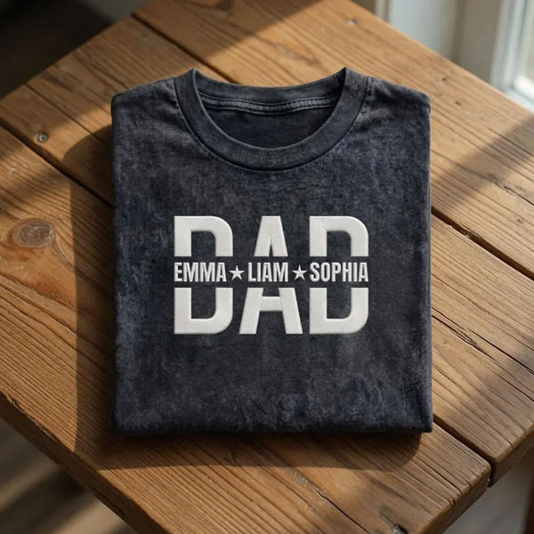 Custom Embroidered Dad Washed T-Shirt With Kids Names