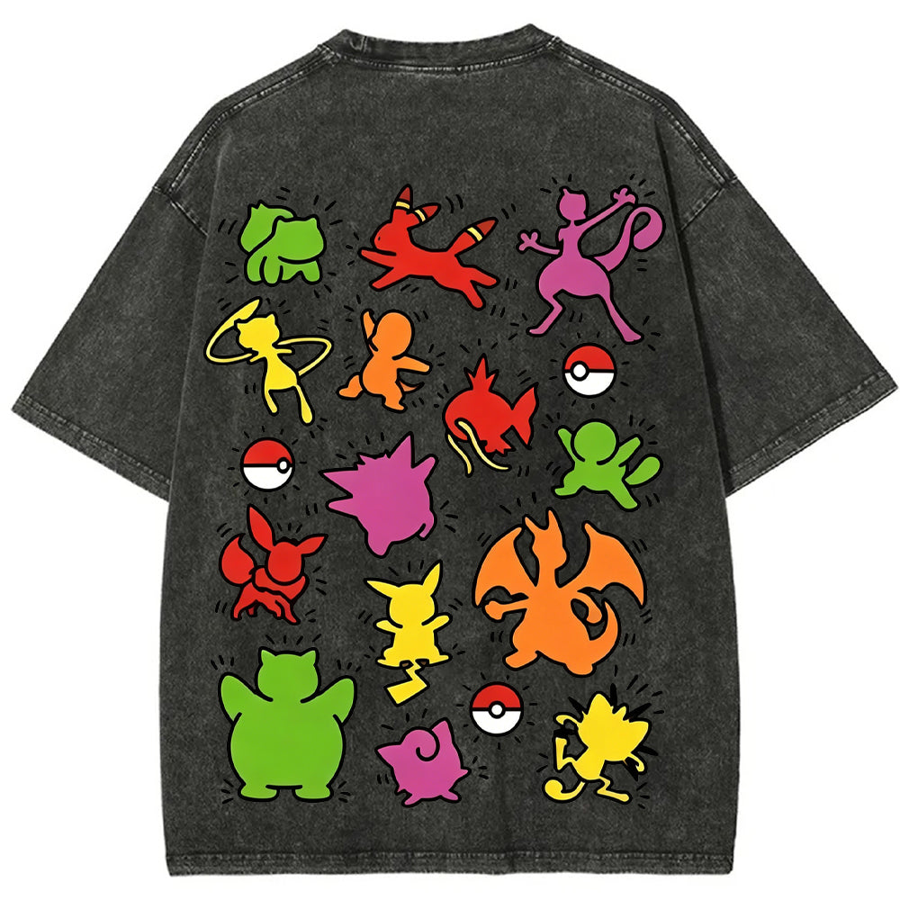 Multi Pokemon Silhouette Vintage Washed Back Print Tee | Pokemon Anime