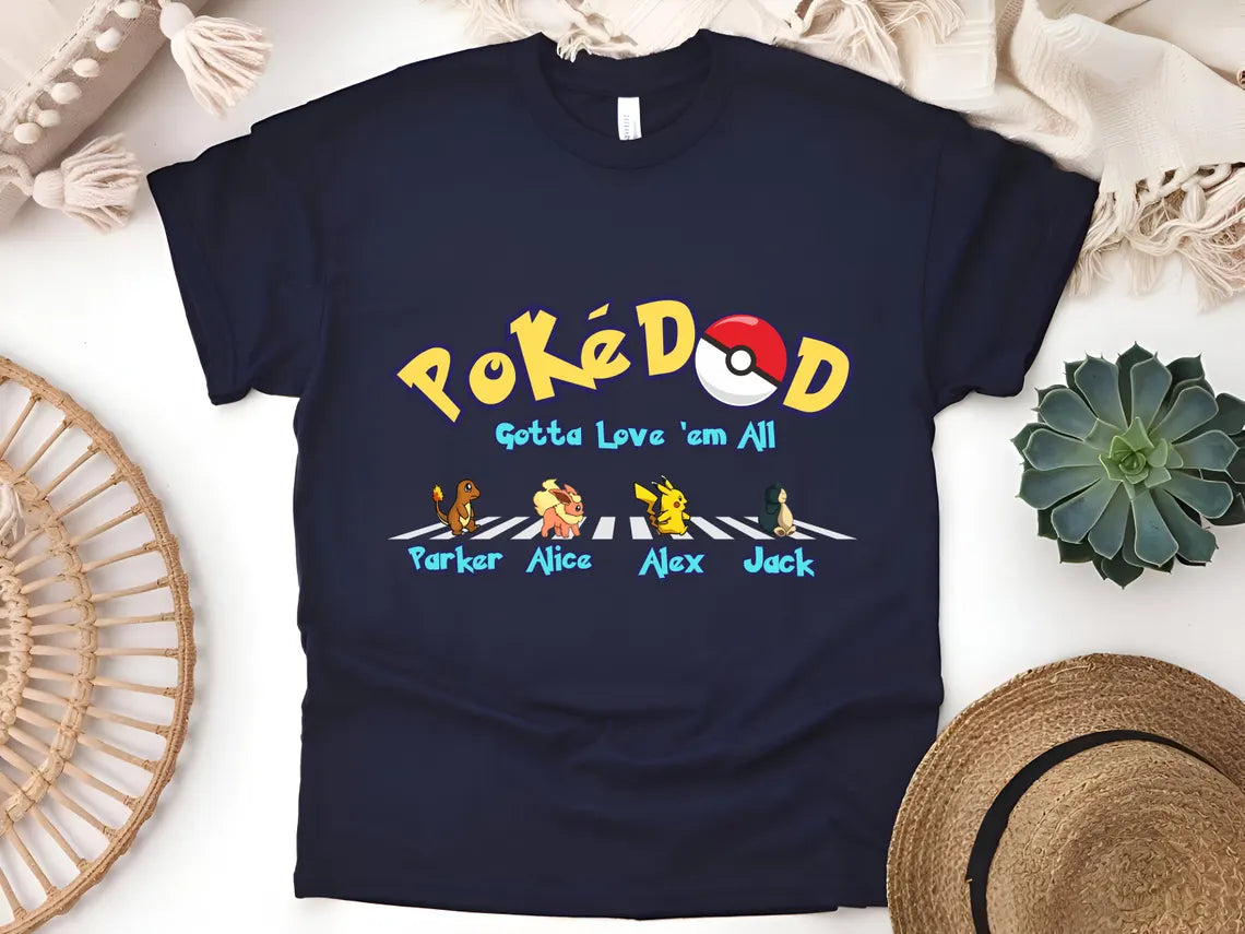 Custom Poke Dad Shirt, Personalized Kids Names, Father's Day Gift Tee