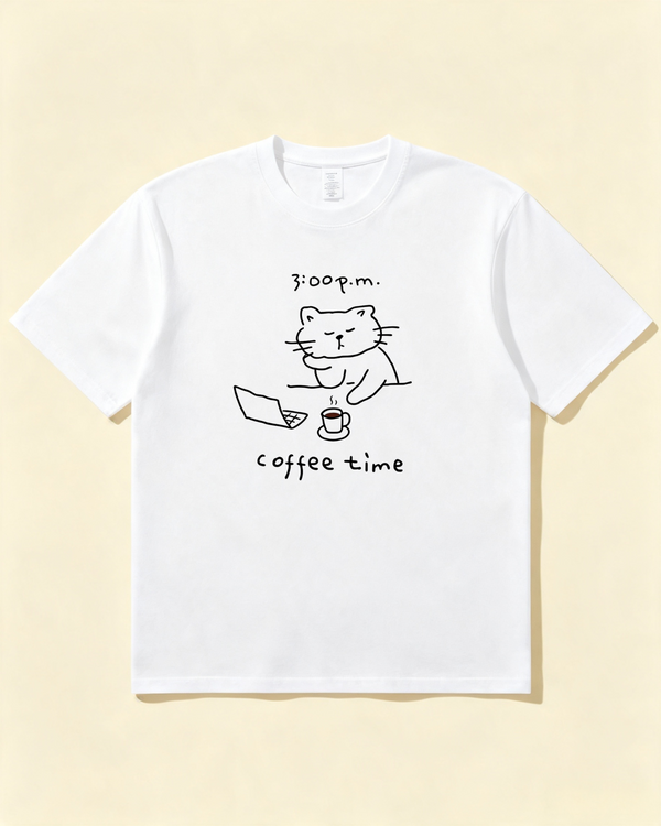 Coffee Time Cat T-Shirt  Cute Minimalist Cat Graphic Tee for Coffee Lovers