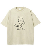 Coffee Time Cat T-Shirt  Cute Minimalist Cat Graphic Tee for Coffee Lovers