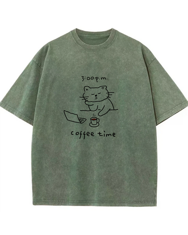 Coffee Time Cat T-Shirt  Cute Minimalist Cat Graphic Tee for Coffee Lovers