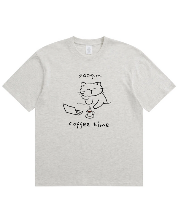Coffee Time Cat T-Shirt  Cute Minimalist Cat Graphic Tee for Coffee Lovers