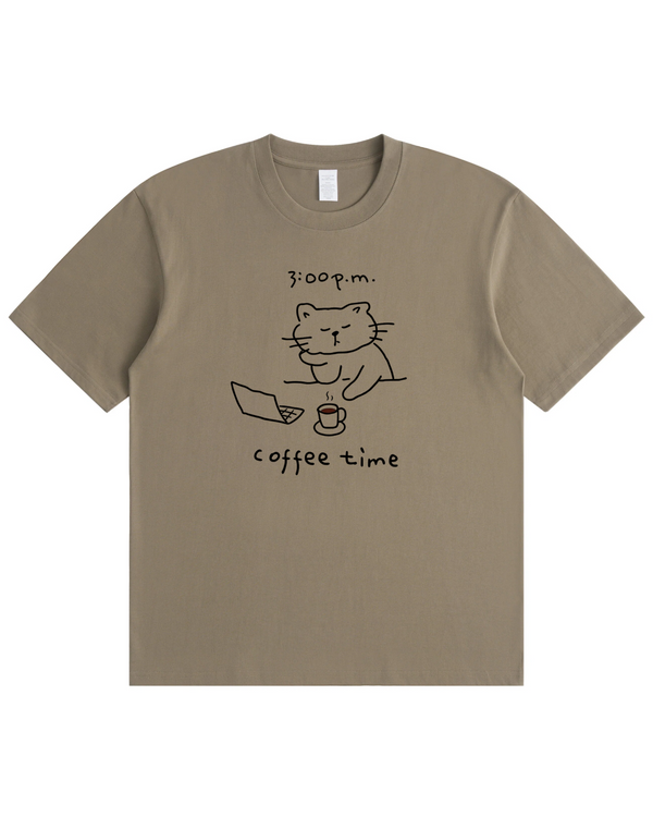 Coffee Time Cat T-Shirt  Cute Minimalist Cat Graphic Tee for Coffee Lovers