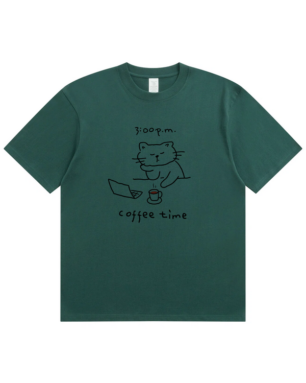 Coffee Time Cat T-Shirt  Cute Minimalist Cat Graphic Tee for Coffee Lovers