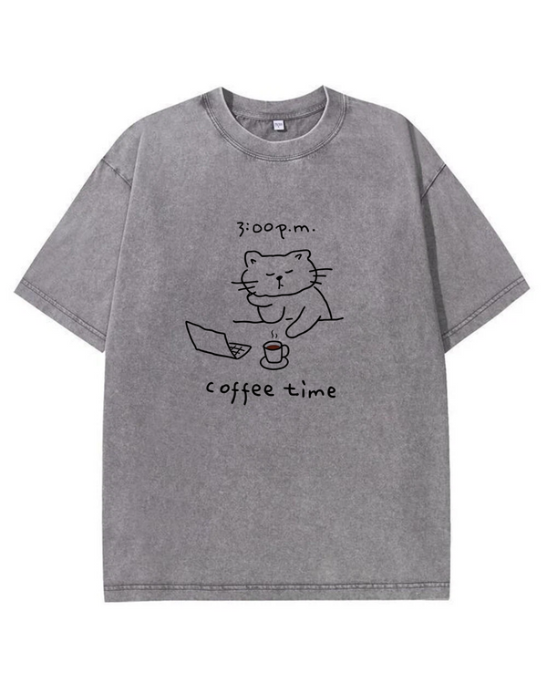 Coffee Time Cat T-Shirt  Cute Minimalist Cat Graphic Tee for Coffee Lovers