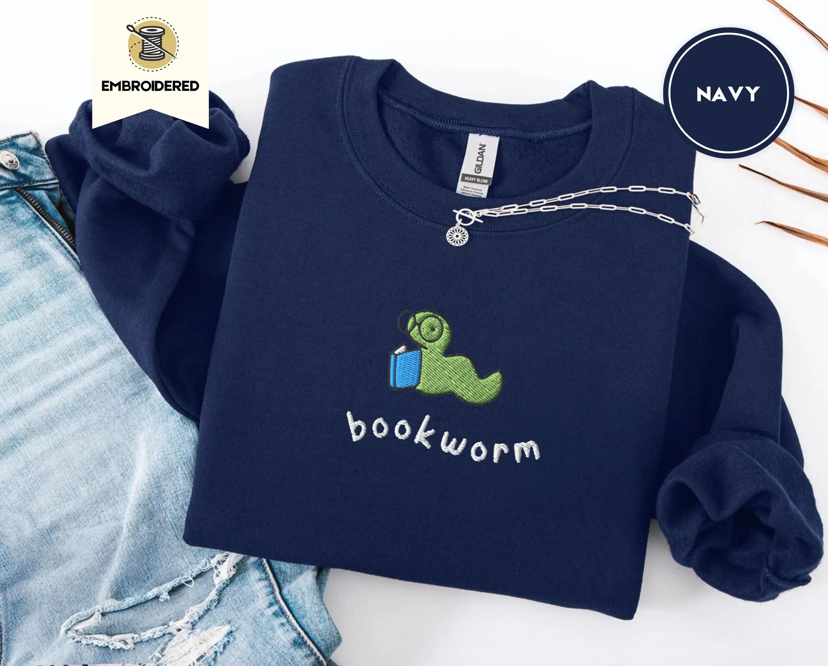 Embroidered Bookworm Crewneck, Cozy Reading Main image