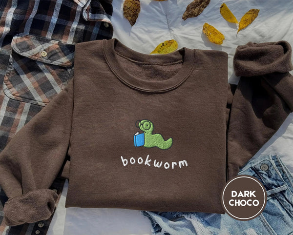 Embroidered Bookworm Crewneck, Cozy Reading