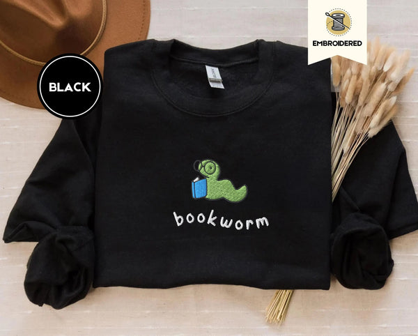 Embroidered Bookworm Crewneck, Cozy Reading