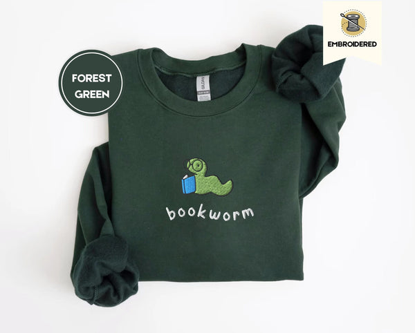 Embroidered Bookworm Crewneck, Cozy Reading