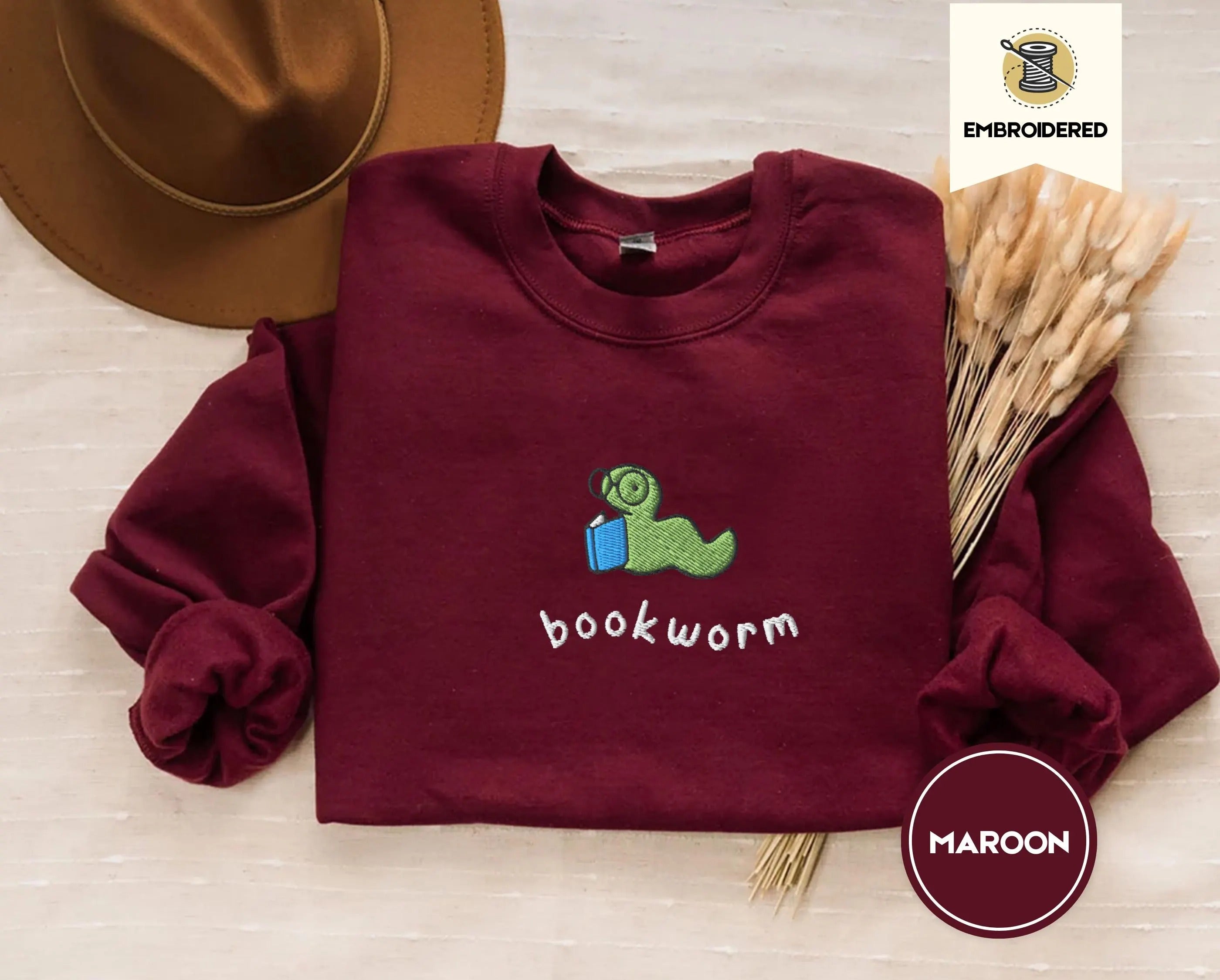 Embroidered Bookworm Crewneck, Cozy Reading