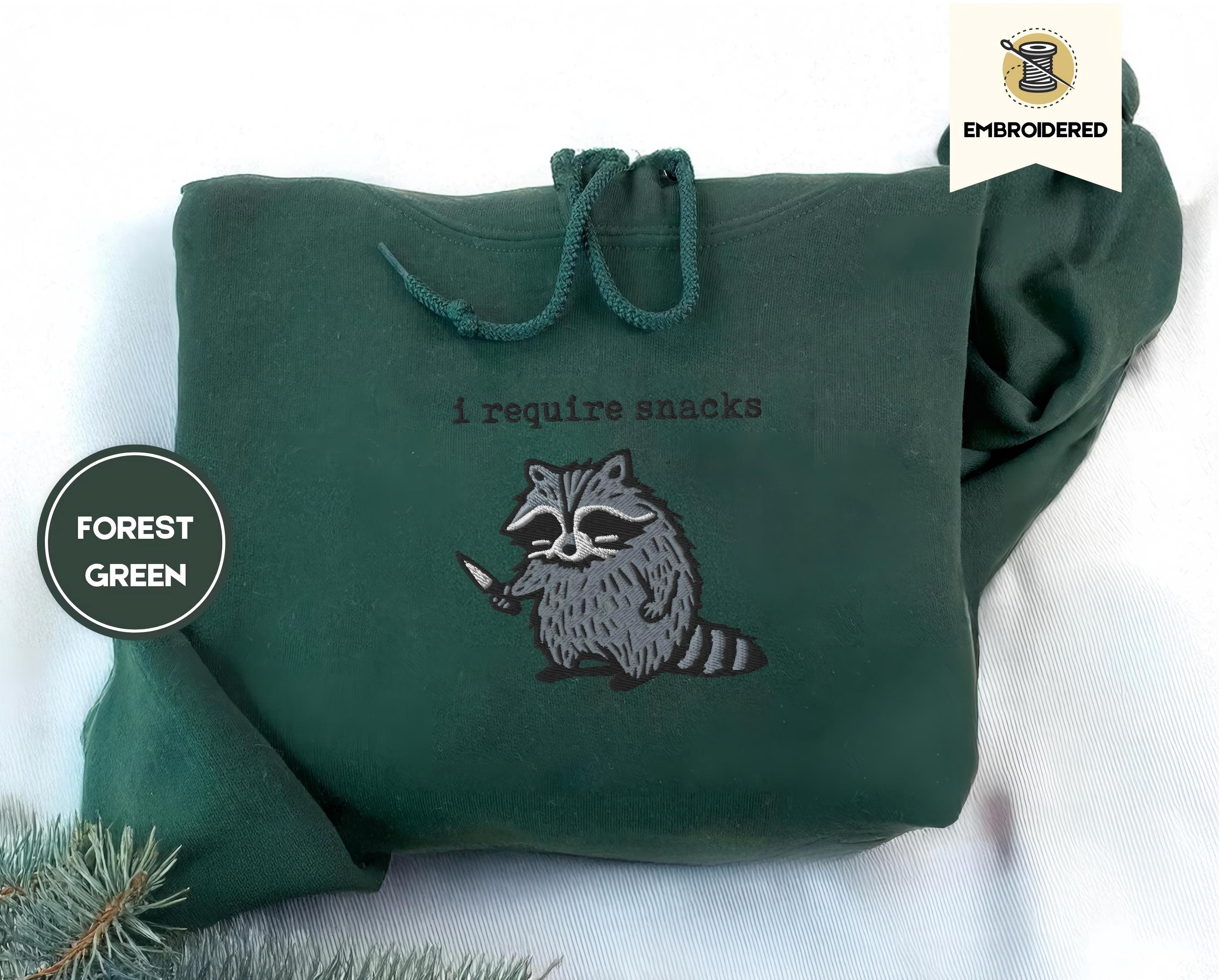 I require snacks sweatshirt, feral embroidered raccoon sweater