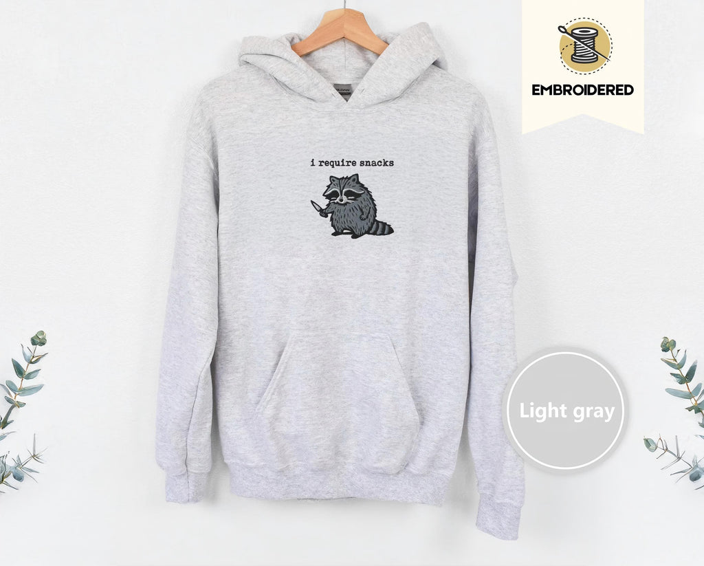 I require snacks sweatshirt, feral embroidered raccoon sweater