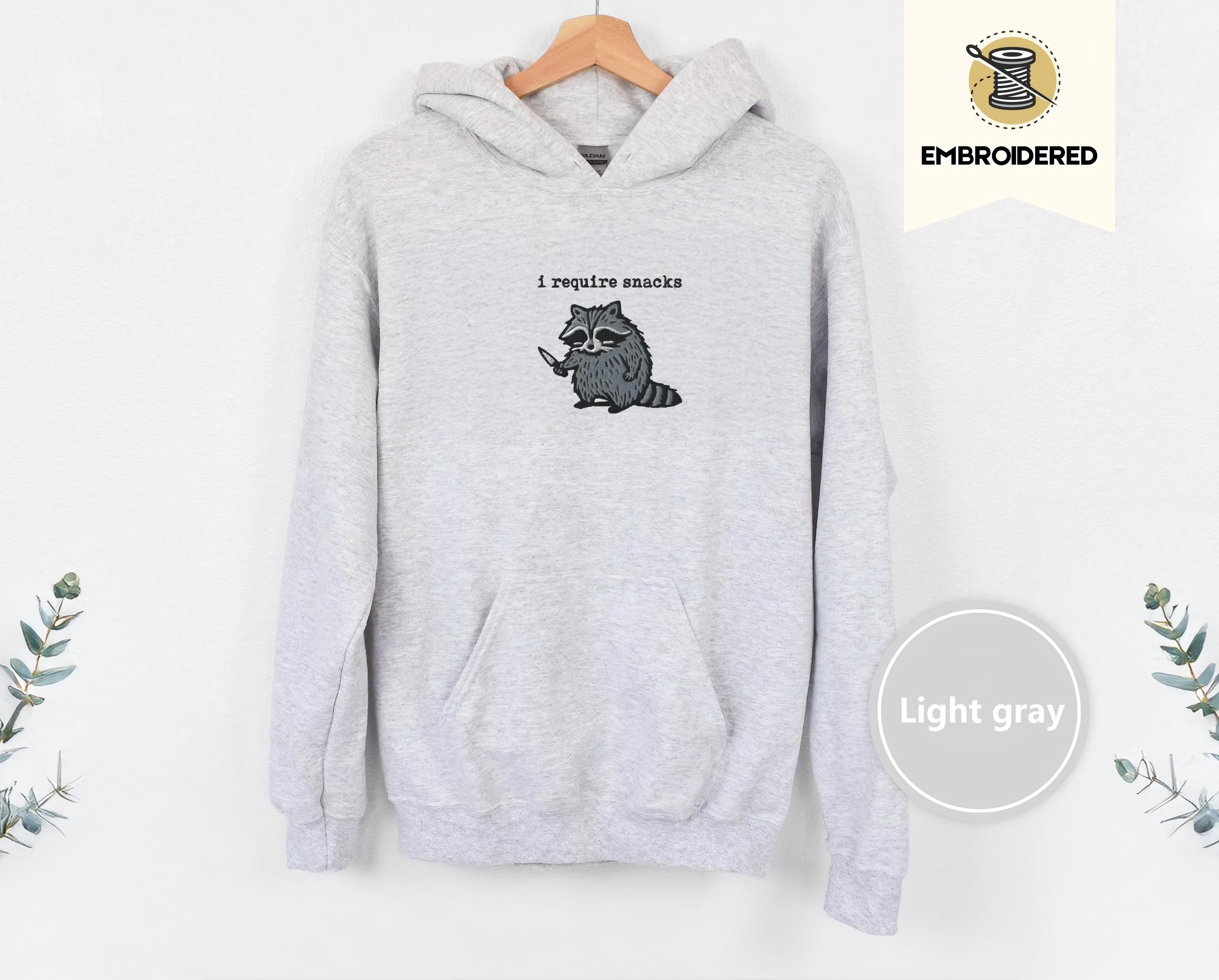I require snacks sweatshirt, feral embroidered raccoon sweater