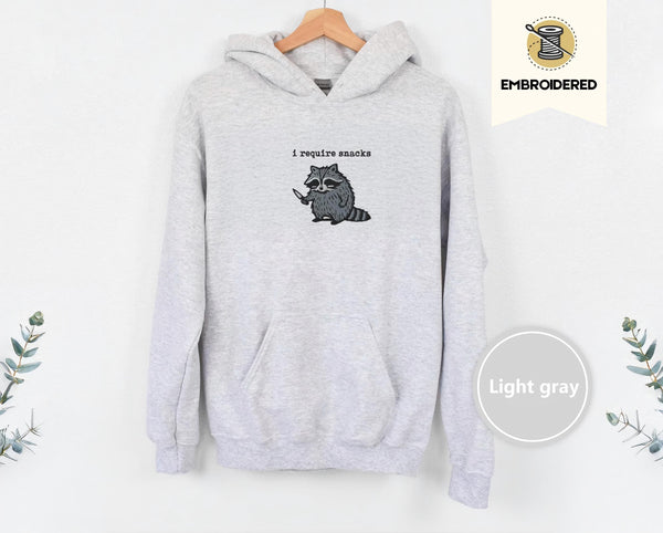 I require snacks sweatshirt, feral embroidered raccoon sweater