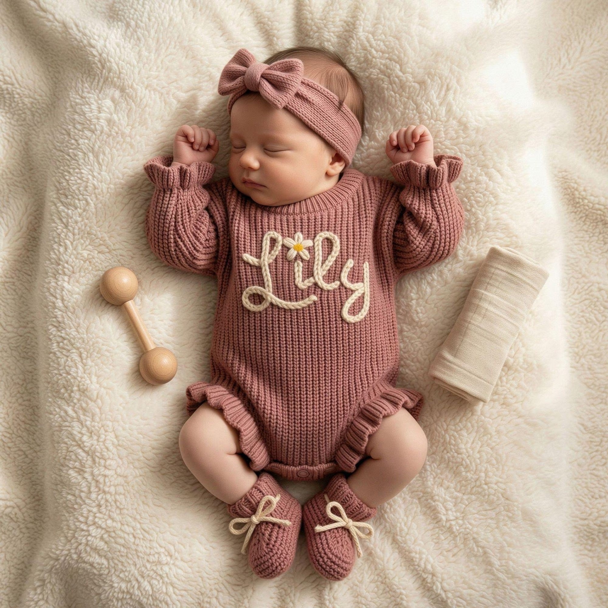 Personalized Baby Romper Set, Baby Girl Romper, Hand Embroidered Newborn Gift Secondary image