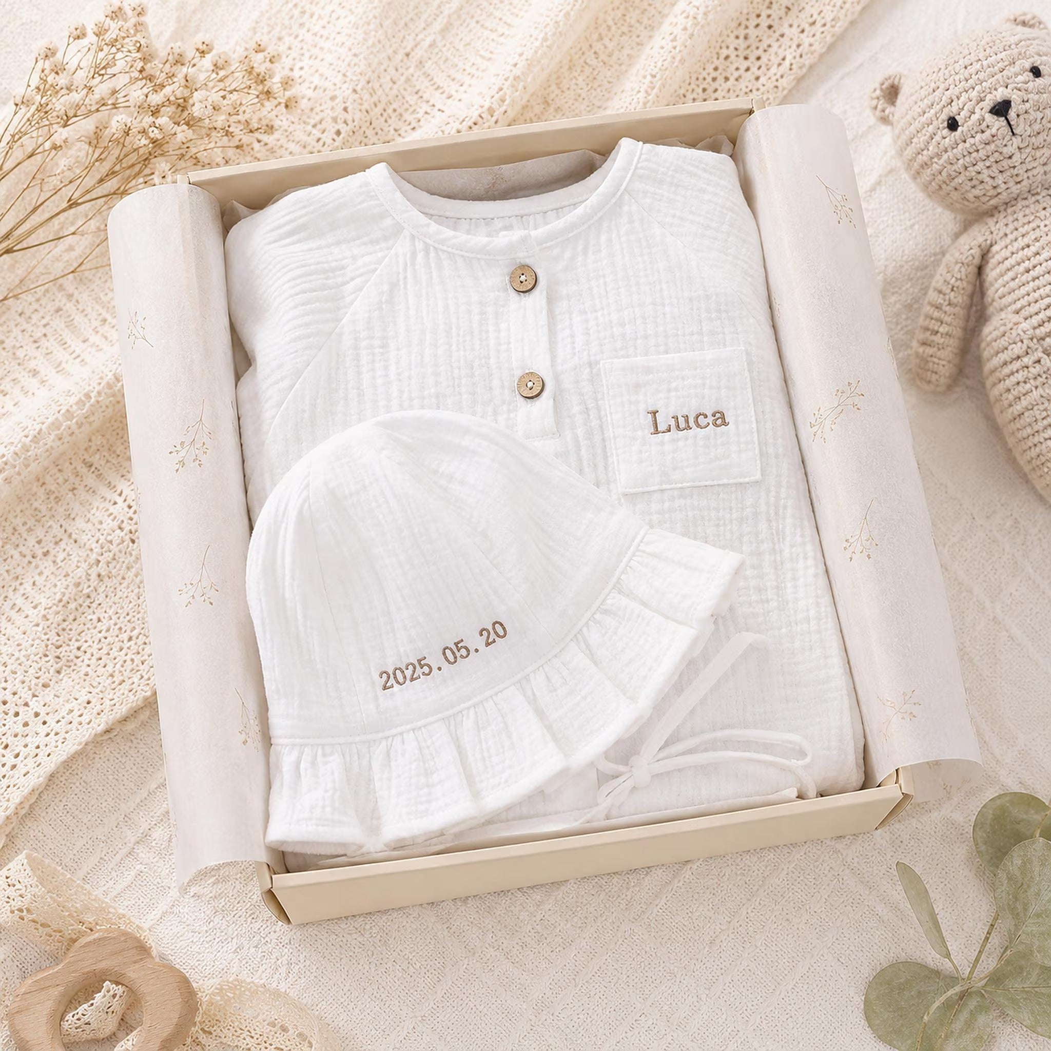 Personalized Baby Romper and Hat Set, Custom Name Embroidered Coming Home Outfit Secondary image
