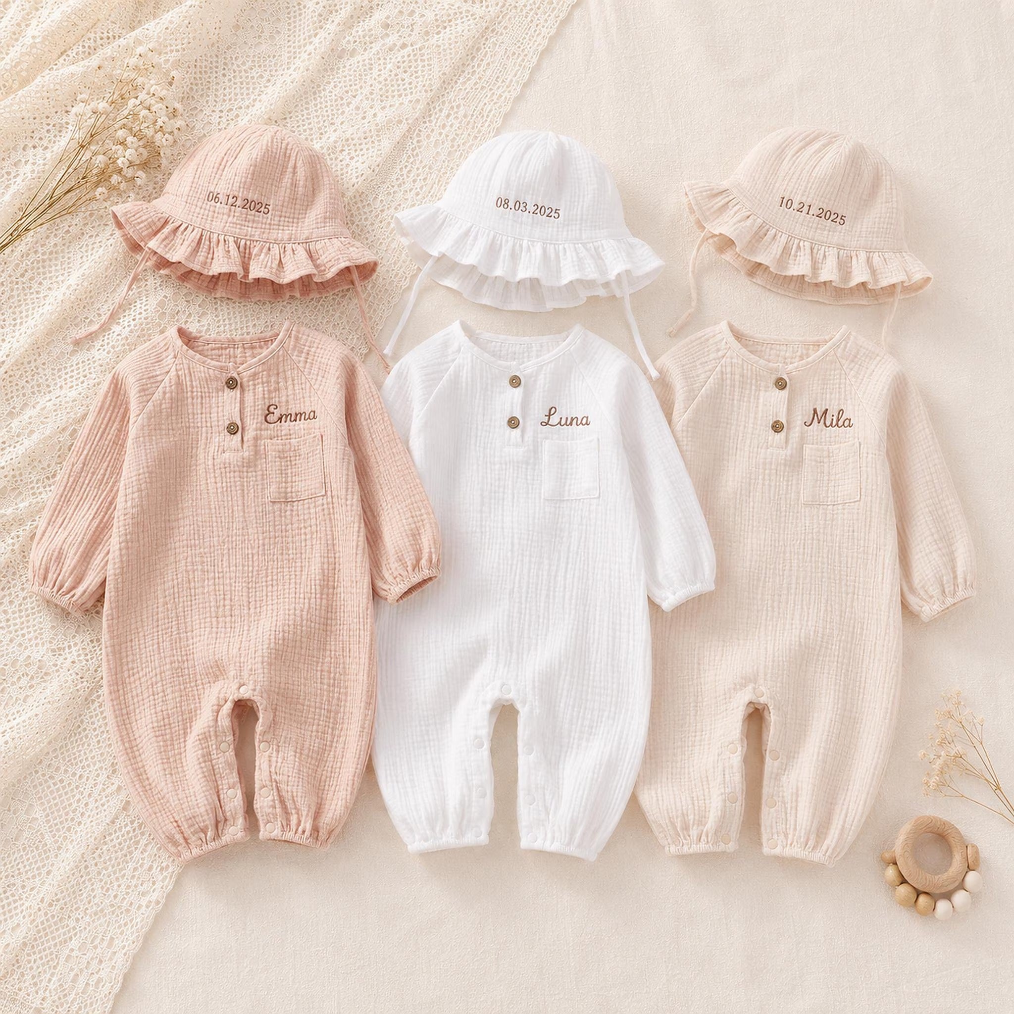 Personalized Baby Romper and Hat Set, Custom Name Embroidered Coming Home Outfit Main image