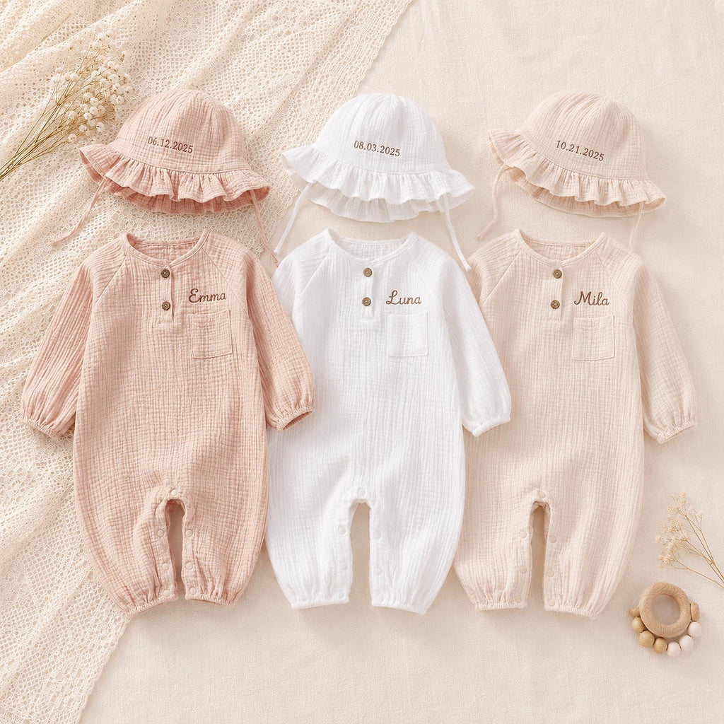 Personalized Baby Romper and Hat Set, Custom Name Embroidered Coming Home Outfit