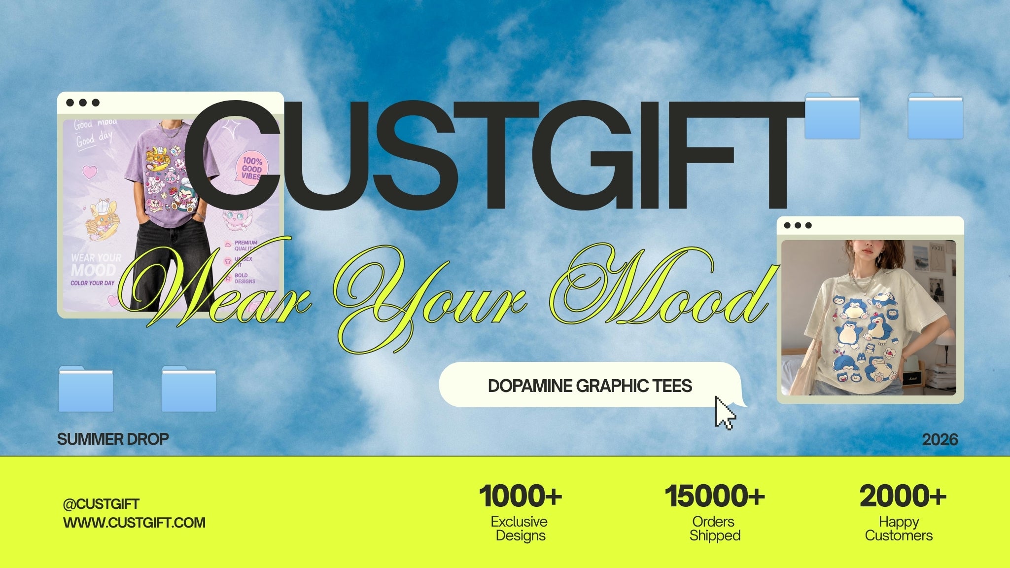 Custgift dopamine graphic T-shirt on a stylish male model featuring oversized streetwear and colorful anime-inspired artwork.
