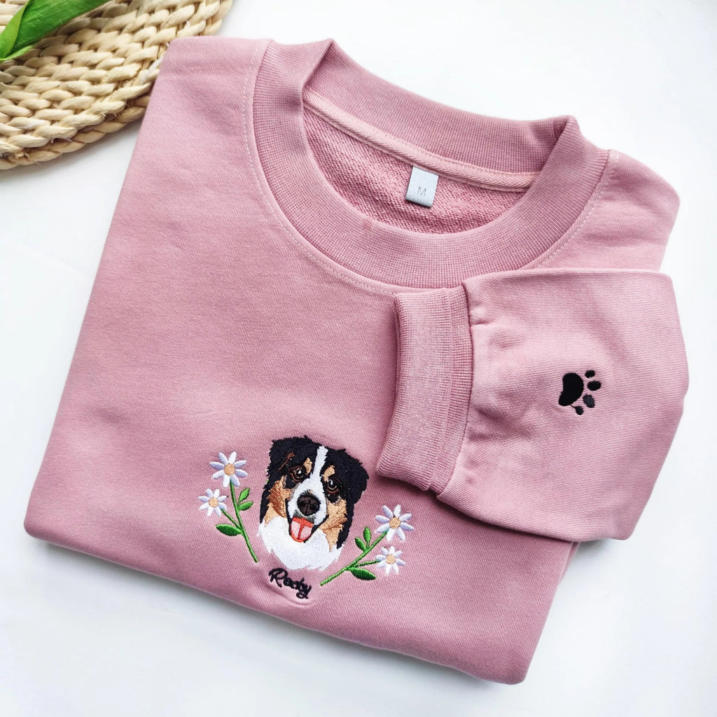 Custom Dog Face Flower Embroidered Sweatshirt-Gift For Custom