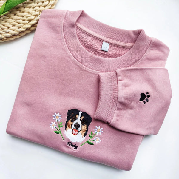 Custom Dog Face Flower Embroidered Sweatshirt-Gift For Custom