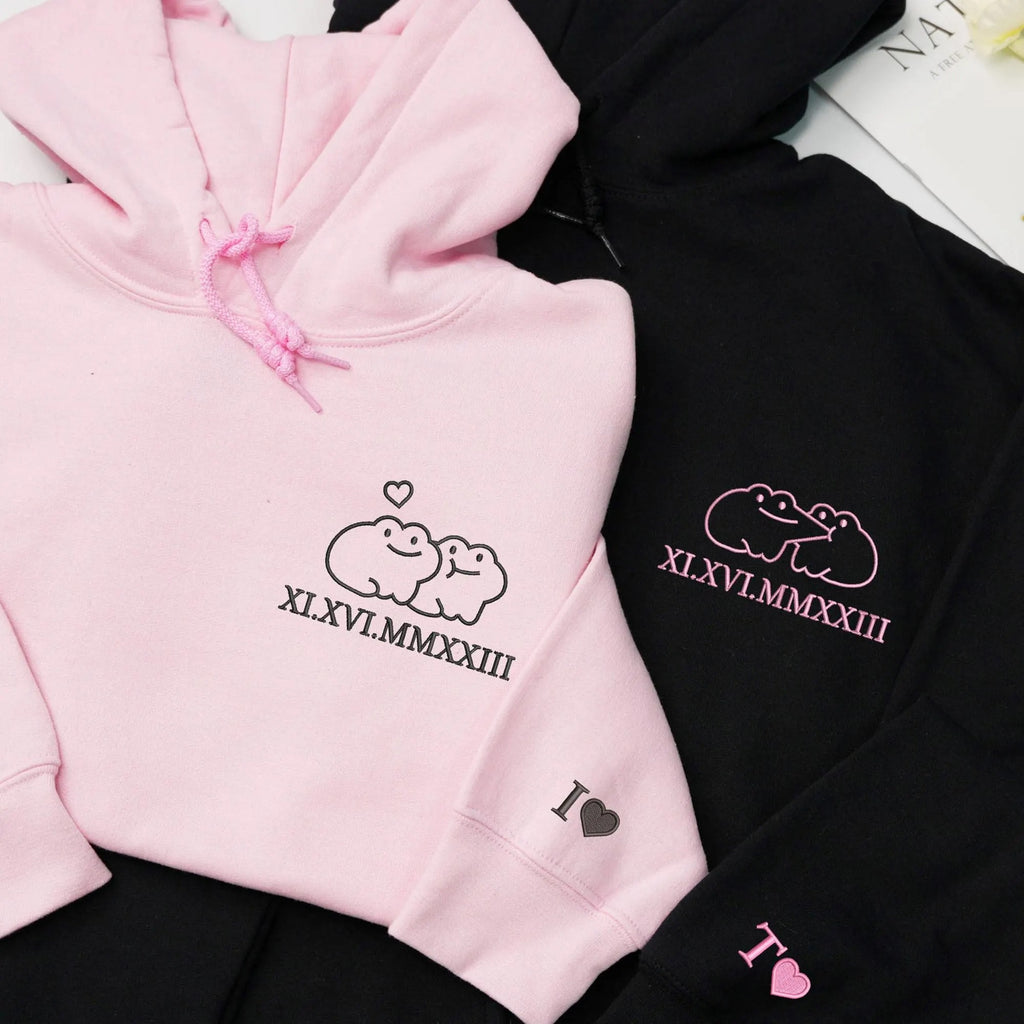 Custom Frog Couple Embroidered Hoodie with Roman Date & Initials-Gift For Custom