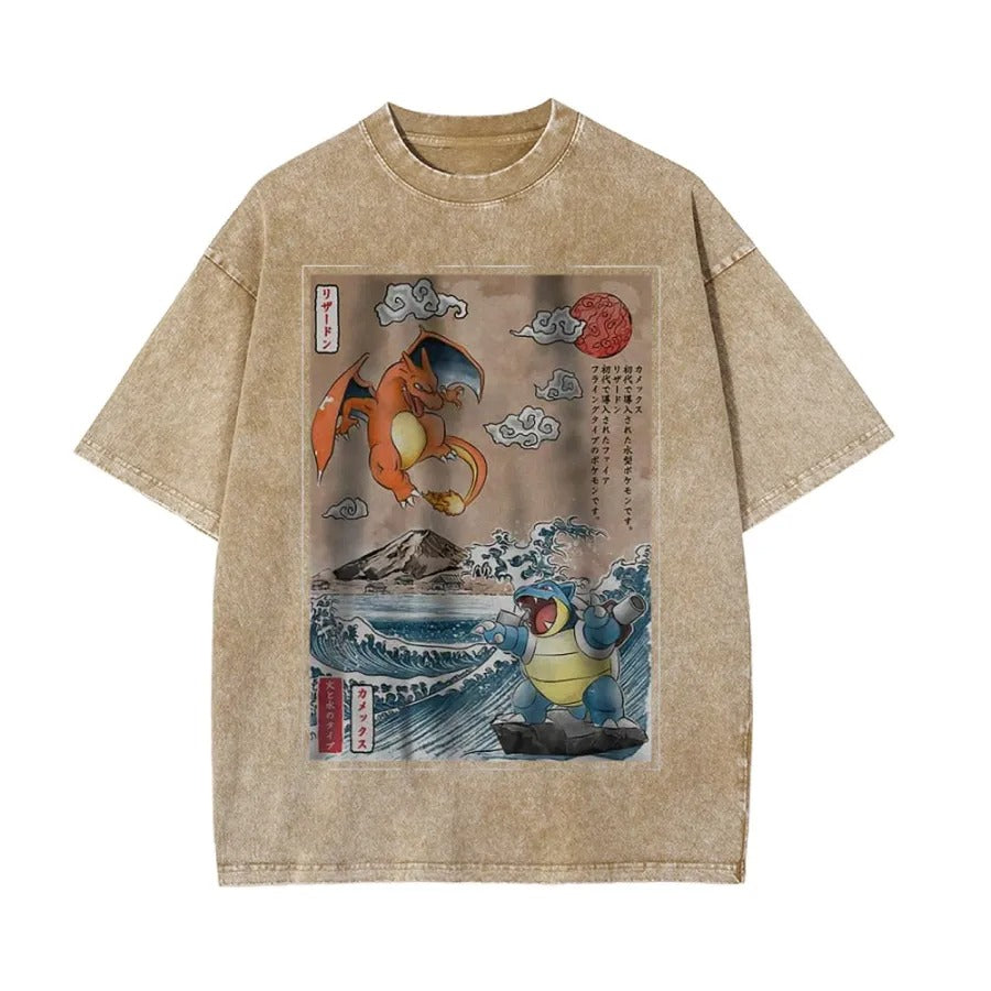 Ukiyoe Charizard vs Blastoise Pokemon Anime Vintage Tee | Pokemon