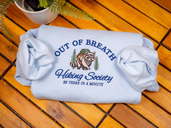 Embroidered Hiking Sweatshirt: Funny Raccoon Crewneck, Nature Lover Gift