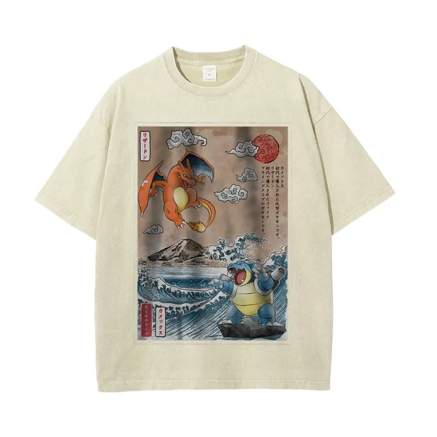 Ukiyoe Charizard vs Blastoise Pokemon Anime Vintage Tee | Pokemon