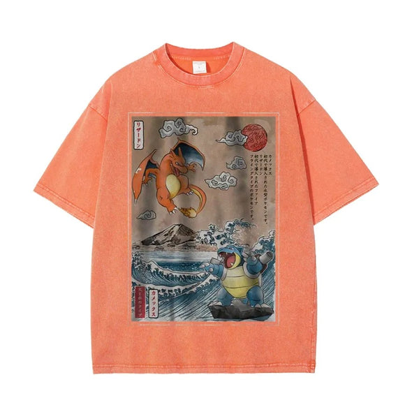 Ukiyoe Charizard vs Blastoise Pokemon Anime Vintage Tee | Pokemon