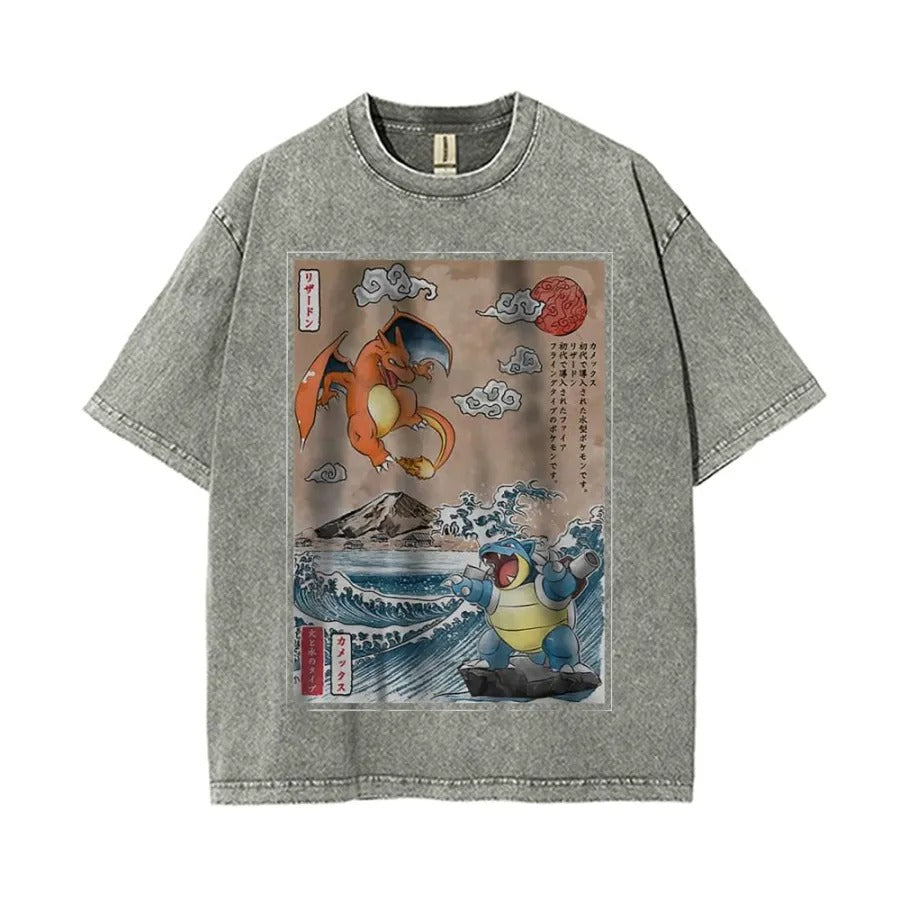 Ukiyoe Charizard vs Blastoise Pokemon Anime Vintage Tee | Pokemon