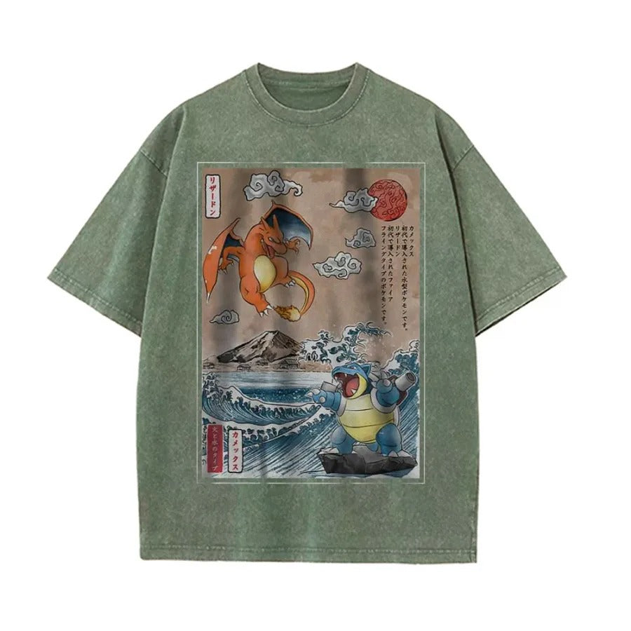 Ukiyoe Charizard vs Blastoise Pokemon Anime Vintage Tee | Pokemon